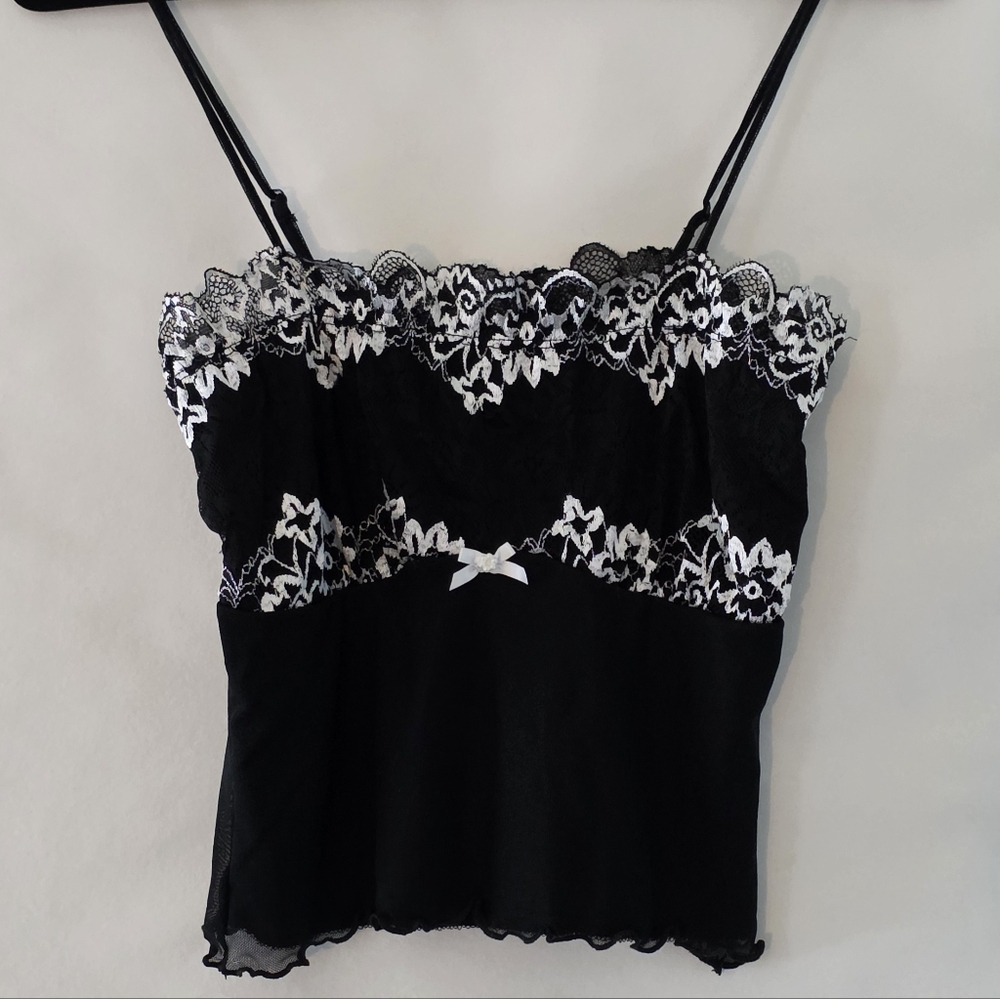 Lace Trim Mesh Babydoll Top Size S Black White Camisole Coquette Festival Demure